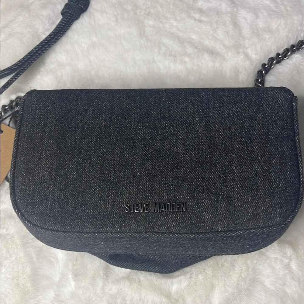 Steve Madden - Black/Charcoal Denim Borla Rose Bud Chain Crossbody - Picture 6 of 13